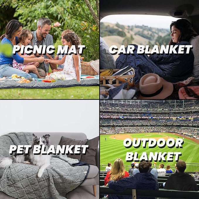 Waterproof Outdoor Blanket 62”X 51” Packable, Stadium Blankets for Camping with Sherpa Fleece Lining, Large Windproof Emergency Mat for Garss Picnic Hiking Road Trip, Machine Washable, Navy 300GSM