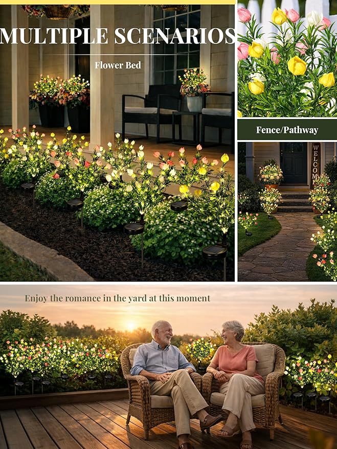 GIGALUMI Solar Garden Lights with Gardenias, 3 Pack LED Garden Decor Carefree Solar Flowers Outdoor Waterproof, Yard Decorations Outdoor, Allergy-Free Light up Flowers for Yard (1white+1yellow+1pink)