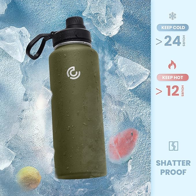 Sports Water Bottle 32oz, Insulated Water Bottle with Handle,Stainless Steel,Simple Modern,Suitable for Travel, School, Boy, Girl(Army Green)