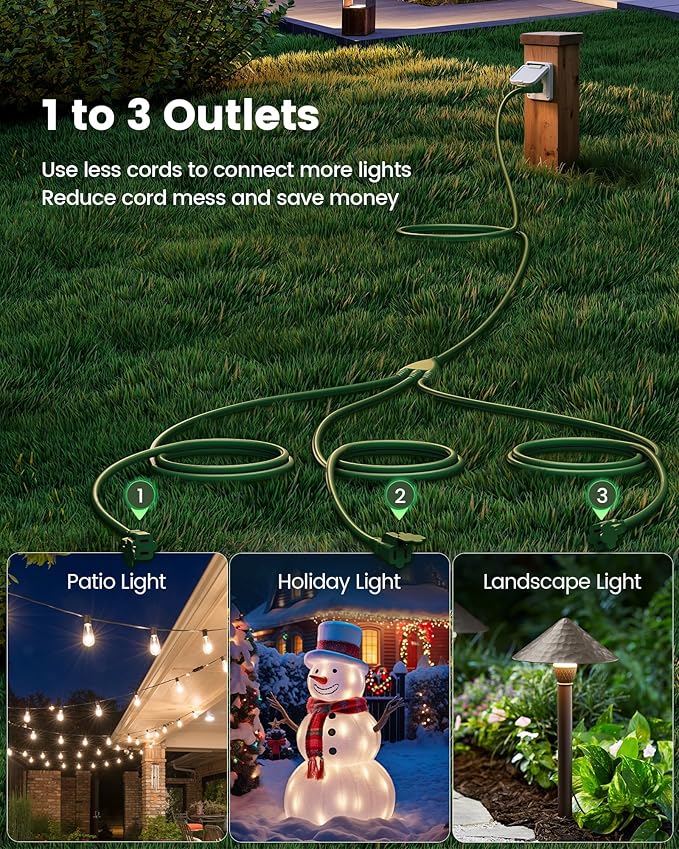 SURAIELEC Outdoor Extension Cord with Multiple Outlets,1-3 Multi Plug Splitter, (8+8+8+8) 32FT Total, 16FT End to End, 16/3C SJTW, for Landscape, Christmas Lights, Halloween Decorations, Green
