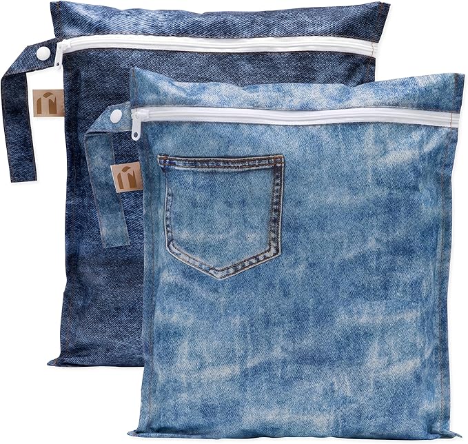 Bumkins Roamio - Waterproof Wet Bag - For Baby, Travel, Swim Suit, Cloth Diapers, Pump Parts, Pool, Gym, Toiletry, Strap to Stroller - Reusable & Easy to Clean - 2pk - Faux Pocket Patch Denim