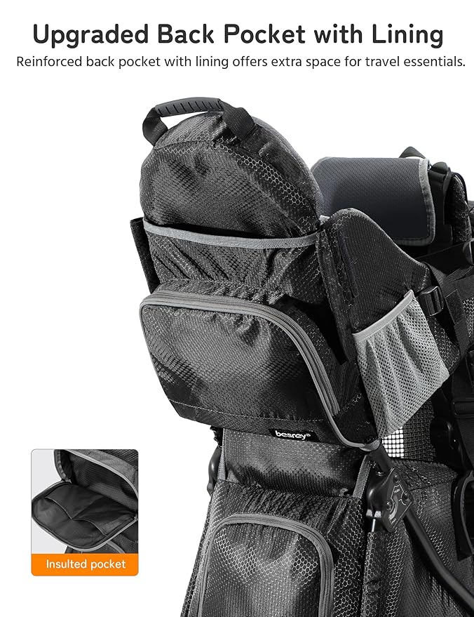 besrey Baby Backpack Carrier, Toddler Hiking Backpack with Safety 3-Height Seat, Adjustable Straps&Waist Belt, Foldable Frame Lightweight Large Capacity Child Carrier for Hiking (Shiny Black)