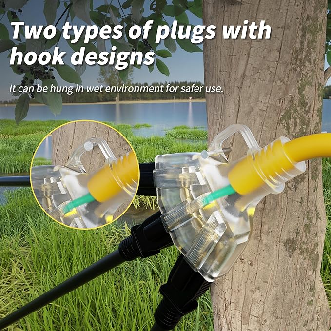 PlugSaf 6 FT 12/3 Gauge Outdoor Extension Cord with Multiple Outlets Light Indicator, Flexible 3 Outlet Weatherproof Heavy Duty Extension Cord Waterproof Yellow, 15A 1875W 12AWG SJTW, ETL Listed