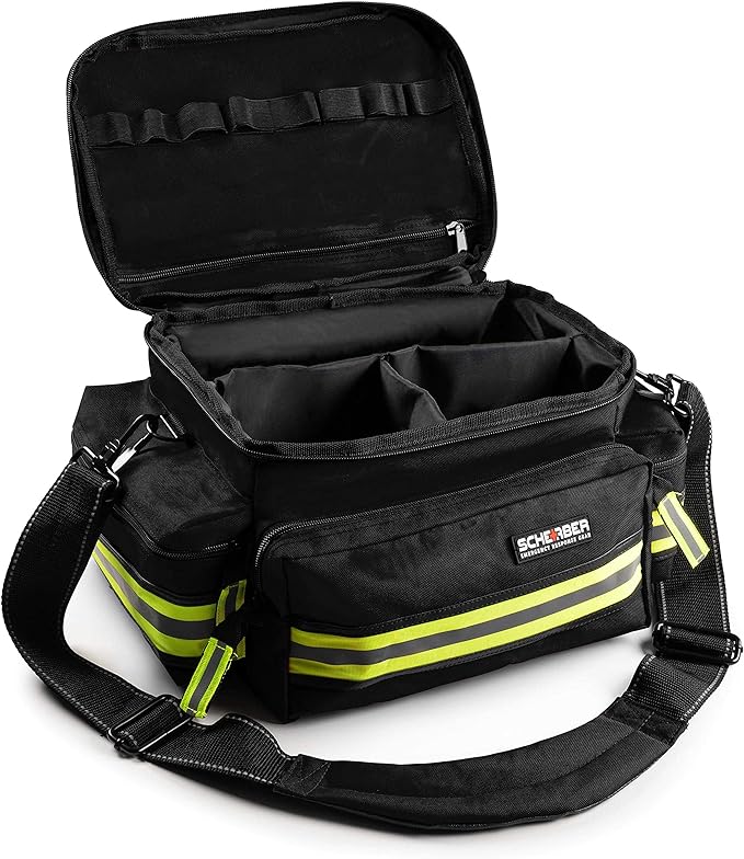 Scherber First Responder Fully-Stocked Professional Essentials EMT/EMS Trauma Kit | HSA/FSA Approved | Reflective Bag w/8 Zippered Pockets & Compartments & 200+ First Aid Supplies - Black