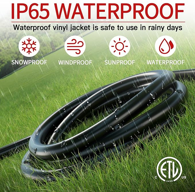 15 FT 14/3 Extension Cord Outdoor, Heavy Duty Weatherproof & Flame Retardant Black 3 Prong Power Cord with Light, Outside for Lawn & Garden, 15 Amps 1875 Watts 125 VAC 14AWG SJTW, ETL Listed