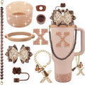 9PCS Brown for Stanley Cup Accessories Set Bling Initials Bow Charms for Stanley Decorations 30/40 Oz Tumbler Accessories Including Bow Straw Topper, Handle Strap, Spill Stopper（Letter X）