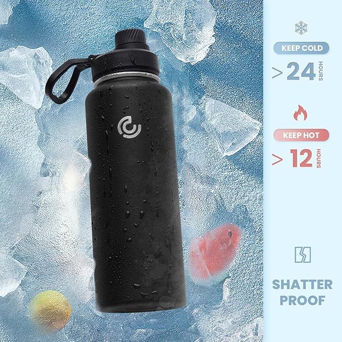 Sports Water Bottle 40oz, Insulated Water Bottle with Handle,Stainless Steel,Simple Modern,Suitable for Travel, School, Boy, Girl(Black)