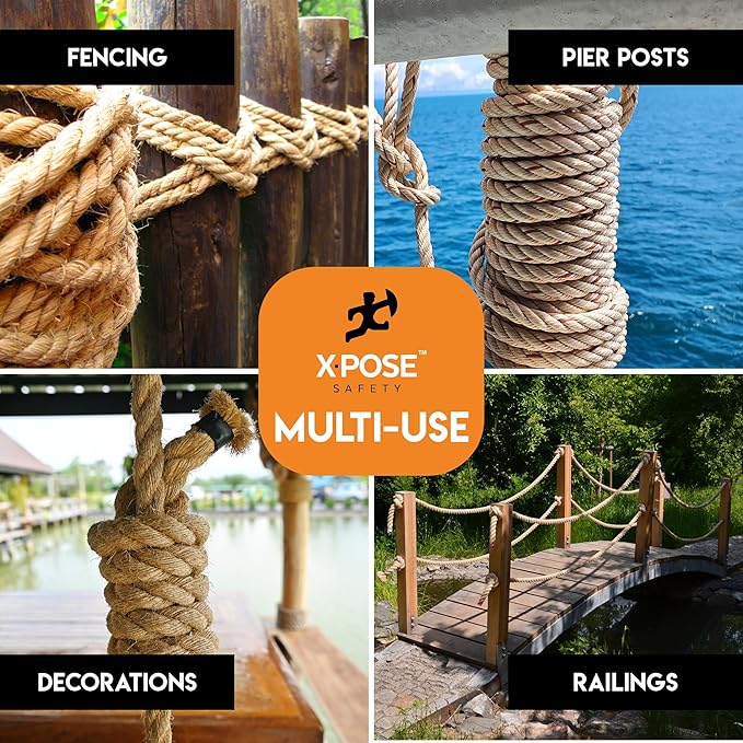 Manila Rope - 3/8 Inch 600' - 3 Strand Cordage Twisted Braided Rope - Thick Natural Fiber for Marine, Decorative for Crafts, Porch Column, Outdoor Pole Wrap, Tree Swing 2 Pack