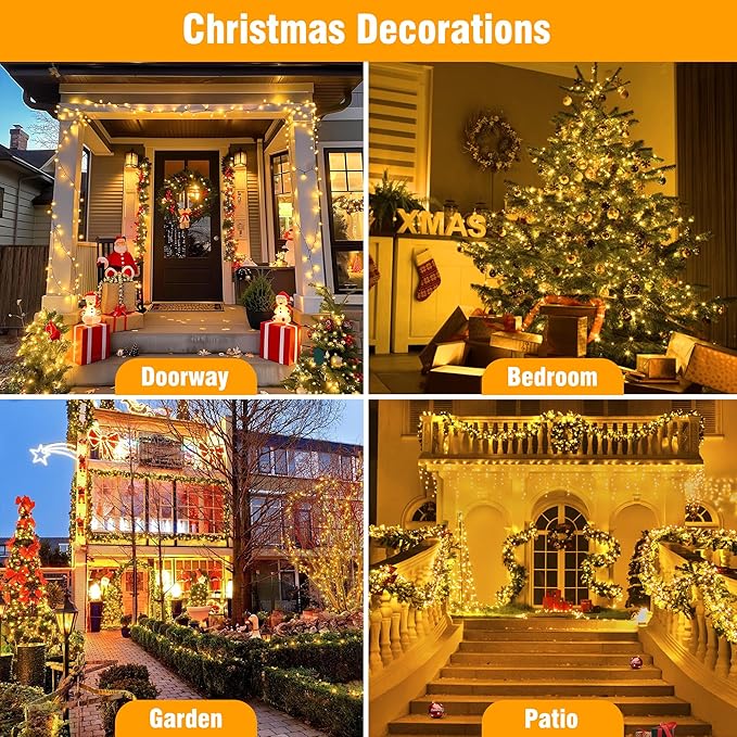 ASENEK Extra Long Christmas Tree Lights 197FT 600 LED Connectable 8 Modes with Timer Decorative String Lights for Xmas Tree Patio Party Warm White