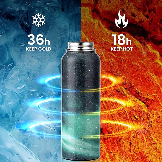 RAYMYLO Insulated Water Bottle 40 oz, Triple Wall Vacuum Stainless Steel (Cold for 36Hrs, Hot for 18Hrs), Leak Proof & Non-BPA, Modern Water Flask Jug with Paracord Handle & Straw Spout Lids