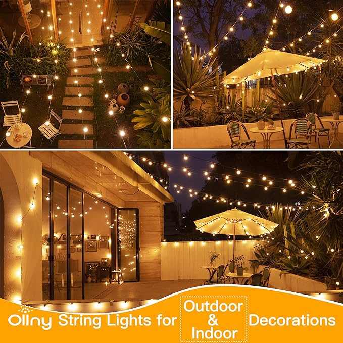 Ollny 100FT Outdoor String Lights, Waterproof Connectable Shatterproof Outside Light with 50 Edison + 3 Spare LED Bulbs Plug in, Patio Lights for Indoor Balcony Porch Camping Deck