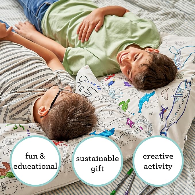 eatsleepdoodle - Coloring Pillowcase for Kids – Reusable DIY Pillow Cover with Washable Markers, Educational Arts & Crafts Activity for Boys & Girls, Fun Gift for Creative Play, Machine Washable