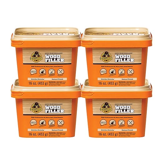 Gorilla All Purpose Wood Filler, Natural Finish, 16 Ounce Tub (Pack of 4) - Water Resistant for Indoor or Outdoor Projects and Repairs