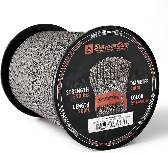TITAN Survival Patented Paracord 550 - 25ft, 100ft, 500ft & Color Options - 620LB Strength Survival Paracord Military Spec with 3 Strands - Heavy Duty Hank Cord for Camping & Outdoors with Firestarter