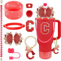 9PCS Red for Stanley Cup Accessories Set Bling Initials Bow Charms for Stanley Decorations 30/40 Oz Tumbler Accessories Including Bow Straw Topper, Handle Strap, Spill Stopper（Letter C）