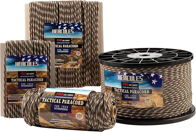 HERCULES 750lb Paracord 4mm 11 Strands Tactical Parachute Cord, 50' 100' 250' 1000' Utility Rope for Camping, Survival, Outdoor Gear (Forest Camo, 50FT)