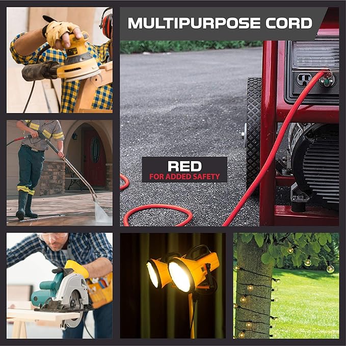 Iron Forge Cable 25 ft Lighted Outdoor Extension Cord - 12/3 SJTW Heavy Duty Red Extension Cable with 3 Prong 15 AMP Grounded Plug for Safety