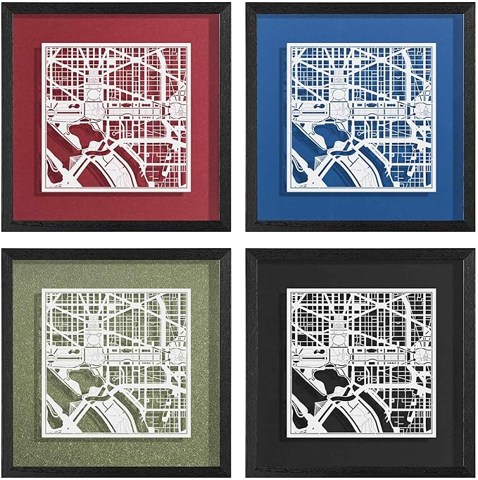 O3 Design Studio Washington D.C. Cut Map Framed, White map, Black Frame, 9x9 inches, Paper Cutting Art Work, Gift Boxed, 4 Background Color, self-Changing, Wall Art