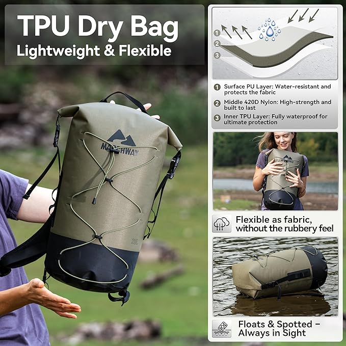 MARCHWAY Floating Roll Top Dry Bag, Flexible Lightweight TPU Waterproof Backpack 20L/30L/40L with Padded Straps for Boating, Kayaking, Swimming, Hiking, Beach (Green, 30L)