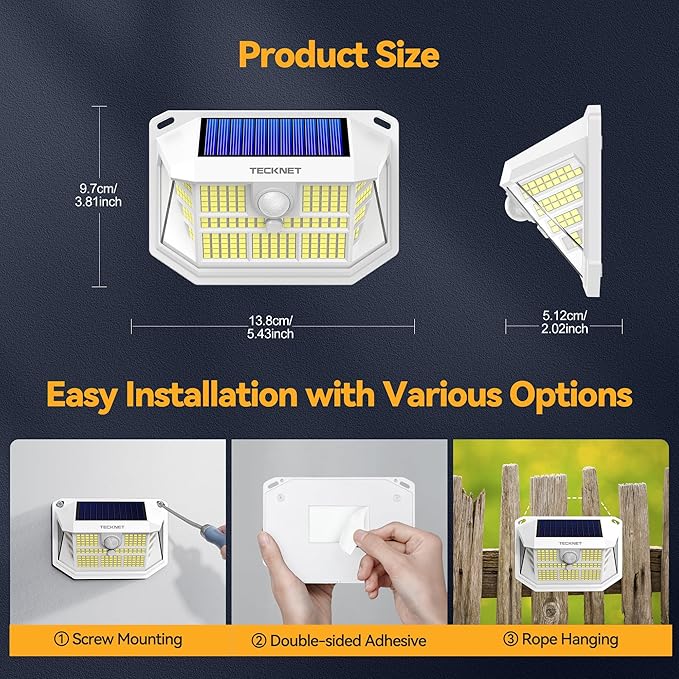 TECKNET 231 LED Solar Motion Lights Outdoor Waterproof, 4 Pack 300° Angle & 3 Lighting Modes PIR Motion Sensor Security Solar Wall Lights IP65 for Fence Front Door Yard Deck Garden Garage