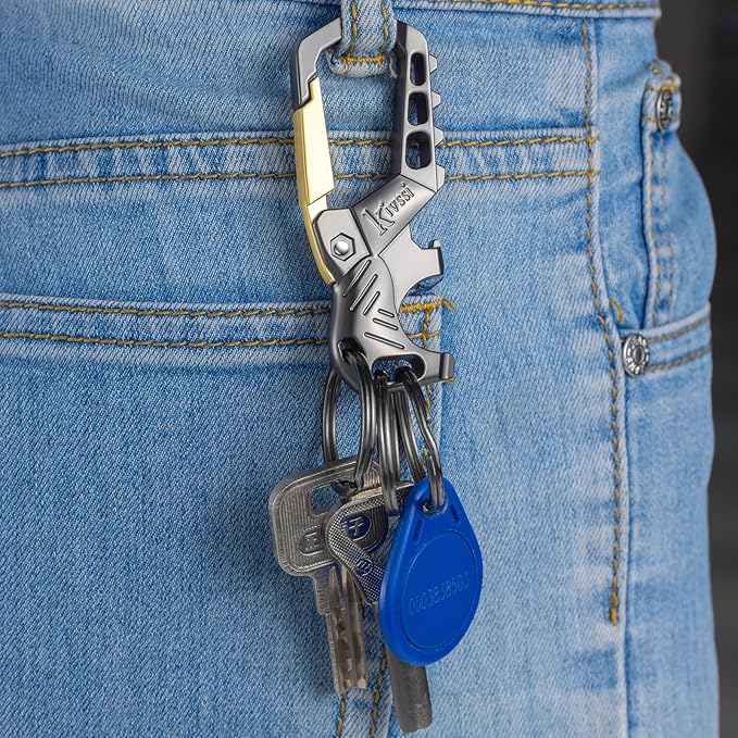 Kivssi Heavy duty metal keychains, Carabiner clip Car key chains,Fashion family keychain bottle opener and 3 Key Rings suitable for men and women.(Gold+Multicolor)