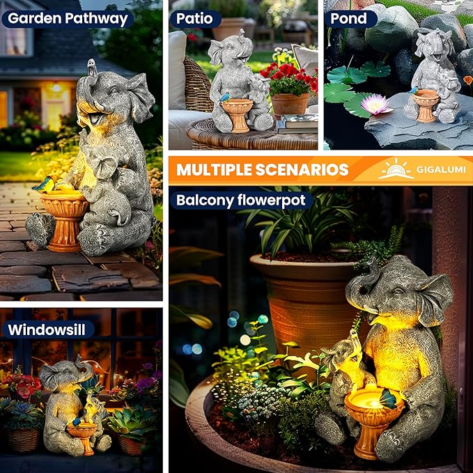 GIGALUMI Solar Garden Statues Bird Bath Elephant 9", Loving Elephant Decor, Yard Decorations Outdoor, Elephant Figurine Lights for Outside, Garden Decor Unique Housewarming Gifts for Women, Mom