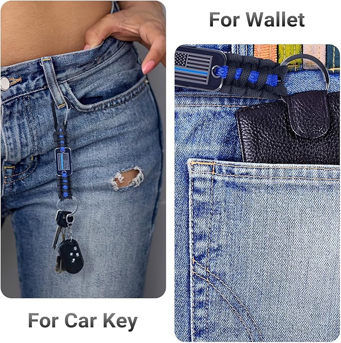 Short Thin Blue Line Paracord Keychain Neck Lanyard for Keys with Cool USA Flag Men Women