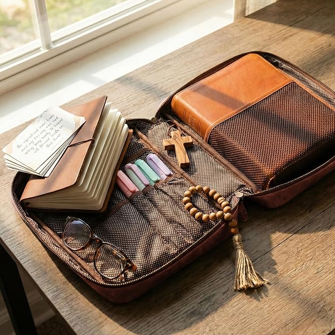LEATHER VILLAGE Genuine Leather Bible Cover with Zipper for Men & Women - Large Bible Case Carrying Bag Book Cover & Organizer with Handle and Pockets - Leather Bible Covers for Church Study - Tan