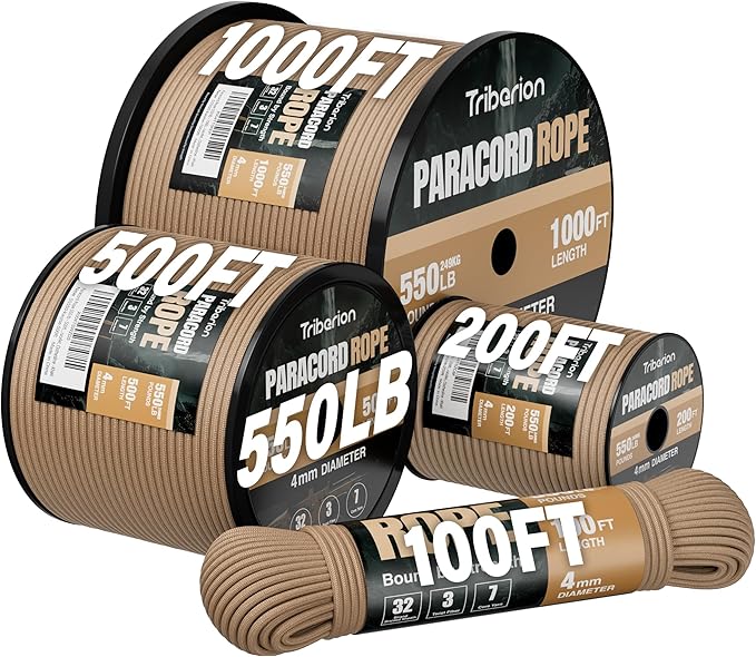 Paracord Rope 550 lb - 500ft 5/32" Parachute Cord 4MM 7-Strand para Cord - Heavy Duty Spool String for Survival,Camping Gear, Survival Bracelet, Clothesline - Khaki