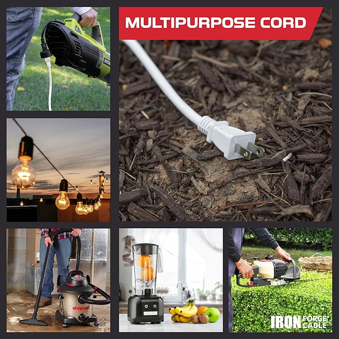 Iron Forge Cable 2 Prong Outdoor Extension Cord 50 ft, 16/2 SJTW 50 Foot White Extension Cord, Weatherproof - Great for Outdoor Lights, Deck, Patio
