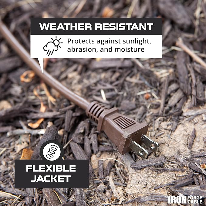 Iron Forge Cable 2 Prong Outdoor Extension Cord 25 ft, 16/2 SJTW 25 Foot Brown Extension Cord, Weatherproof - Great for Outdoor Lights, Deck, Patio