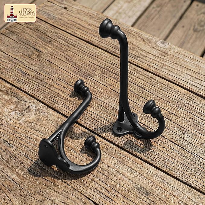 Mystic Colonial Rustic Cast Iron Wall Hooks Heavy Duty Retro Utility Hooks for Hanging Coat, Bag, Towel, Robe, Hat & More Decorative Wall Mount Hooks, Pack of 2, Black