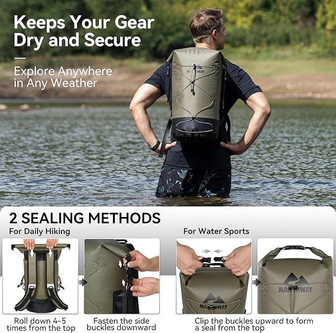 MARCHWAY Floating Roll Top Dry Bag, Flexible Lightweight TPU Waterproof Backpack 20L/30L/40L with Padded Straps for Boating, Kayaking, Swimming, Hiking, Beach (Green, 20L)