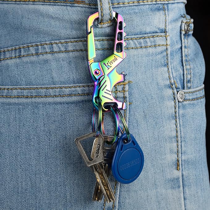 Kivssi Heavy duty metal keychains, Carabiner clip Car key chains,Fashion family keychain bottle opener and 3 Key Rings suitable for men and women.（Multicolor-2pcs）