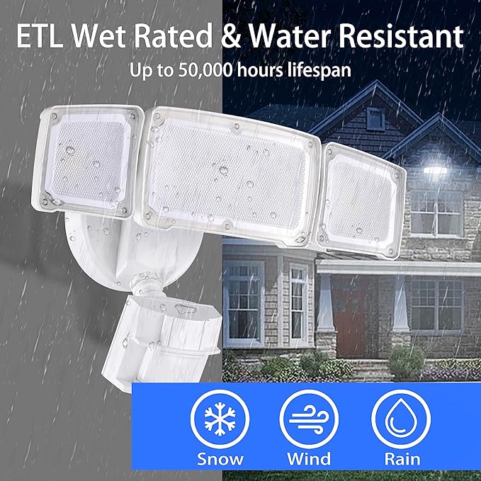 40W LED Security Lights Motion Sensor Light Outdoor, 180 Degree, 4000LM, 5000K, ETL Water Resistant, 3 Head Motion Detected Flood Light for Garage, Yard, Porch 2-Pack (White)
