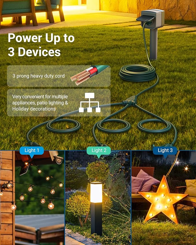 DEWENWILS Outdoor Extension Cord 1 to 3 Splitter, Total 52FT, 13A 125V 1625W 16/3C SJTW Extension Cord Waterproof Heavy Duty Cord for Holiday Decorations, Outdoor String Light, ETL Listed
