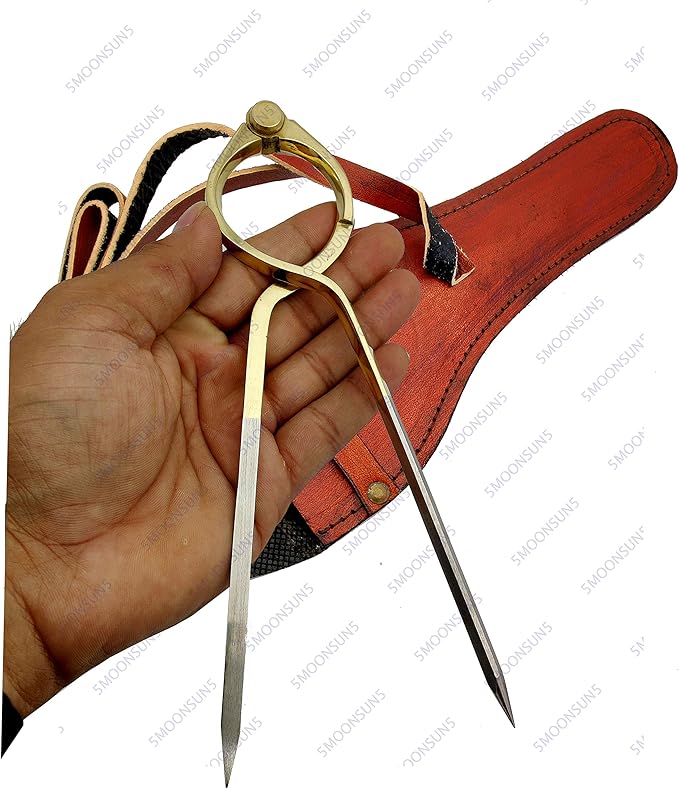 5MoonSun5's Vintage Navigation Straight Pattern Artist Divider Solid Brass Drawing Tool Professional 8" Long with Solid Steel Points Marine Compass with Handmade Leather Case