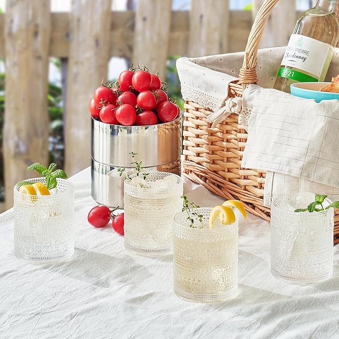 Khen Plastic Hobnail Drinking Glasses Set of 4 Clear Cups 14oz, Shatterproof & Unbreakable Acrylic Beaded Design, BPA-Free, Dishwasher Safe Indoor/Outdoor Drinkware for Water, Juice, Cocktails