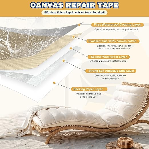 Canvas Repair Tape, 16 x 63 Inch Waterproof Heavy Duty Fabric Tape for Furniture, Self Adhesive Canvas Repair Patches for Boat Covers, Sofas, Tents, Louge Chairs, Canopy, Awning Gray