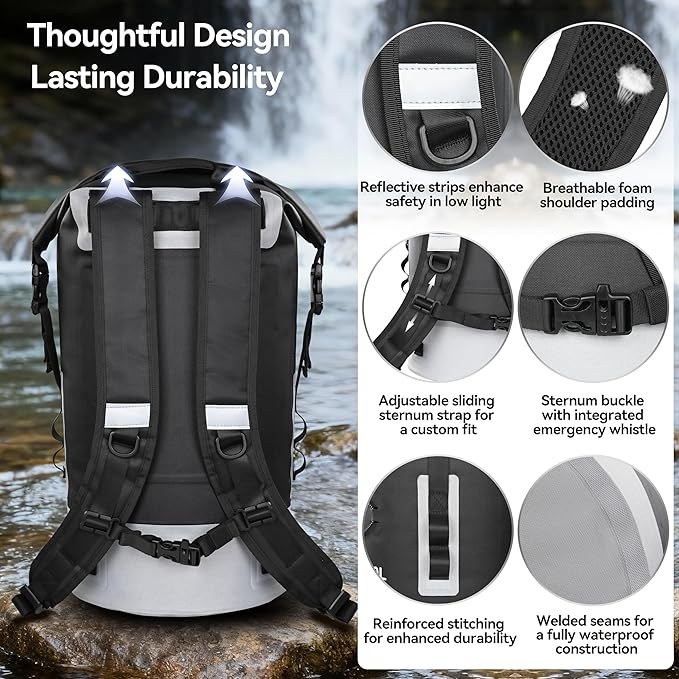 MARCHWAY Floating Roll Top Dry Bag, Flexible Lightweight TPU Waterproof Backpack 20L/30L/40L with Padded Straps for Boating, Kayaking, Swimming, Hiking, Beach (Black, 20L)