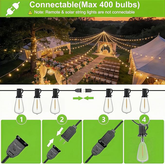100FT Outdoor String Lights, Waterproof Patio Lights with Shatterproof ST38 Vintage Edison Bulbs, Connectable Outside Hanging Lights for Backyard, Porch, Deck, Balcony, Garden, 2700K Dimmable