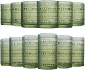 Khen Hobnail Beaded Highball Drinking Tumbler Glasses | Set of 12 | Color, Vintage Bubble Design Whiskey Glassware, Old-Fashioned, Embossed Design for Water Wine, Cocktail Embossed Heavy Glass (Green)