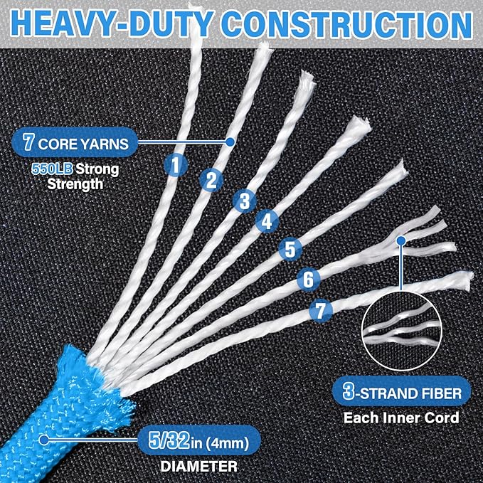 Paracord Rope 550 lb - 100ft 5/32" Parachute Cord 4MM 7-Strand para Cord - Heavy Duty Spool String for Survival,Camping Gear, Survival Bracelet, Clothesline - Blue