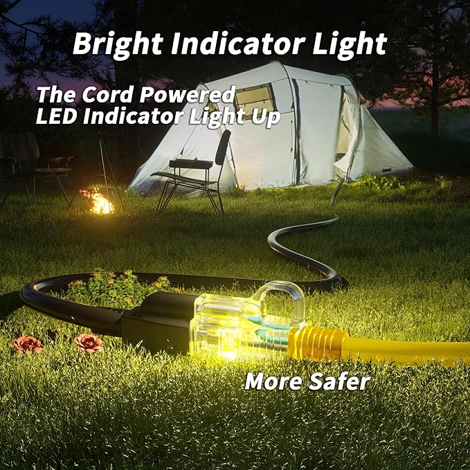 PlugSaf 14/3 Gauge Yellow Outdoor Extension Cord 100 ft Waterproof with Lighted Indicator, Cold Weatherproof -40°C, Flexible 3 Prong Extension Cord Outside,13A 1625W 14AWG SJTW, ETL Listed