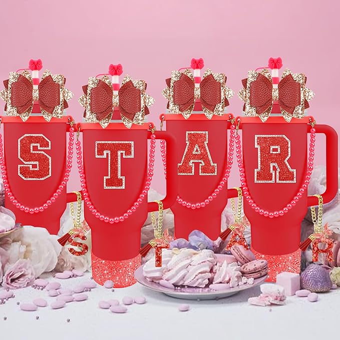 9PCS Red for Stanley Cup Accessories Set Bling Initials Bow Charms for Stanley Decorations 30/40 Oz Tumbler Accessories Including Bow Straw Topper, Handle Strap, Spill Stopper（Letter K）