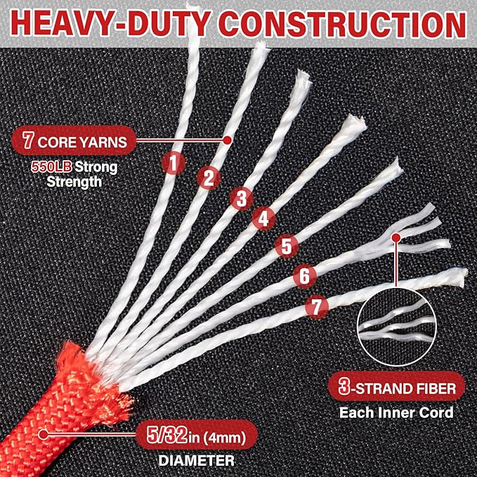 Paracord Rope 550 lb - 500ft 5/32" Parachute Cord 4MM 7-Strand para Cord - Heavy Duty Spool String for Survival,Camping Gear, Survival Bracelet, Clothesline - Red