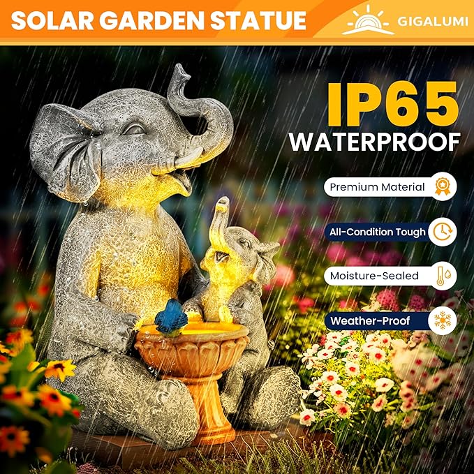 GIGALUMI Solar Garden Statues Bird Bath Elephant 9", Loving Elephant Decor, Yard Decorations Outdoor, Elephant Figurine Lights for Outside, Garden Decor Unique Housewarming Gifts for Women, Mom