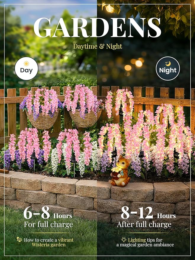 GIGALUMI Solar Lights Outdoor for Garden Decor, 3 Pack Solar Flower Lights Waterproof, 2 Lighting Modes Wisteria for Pathway,Yard, Patio Decoration, Gardening Gifts for Women (Pink)