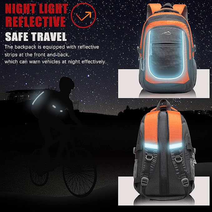 ProEtrade Backpack Bookbag for College Sturdy Travel Business Hiking Fit Laptop Up to 15.6 Inch Multi Compartment Gifts for Men Women Night Light Reflective (Orange)
