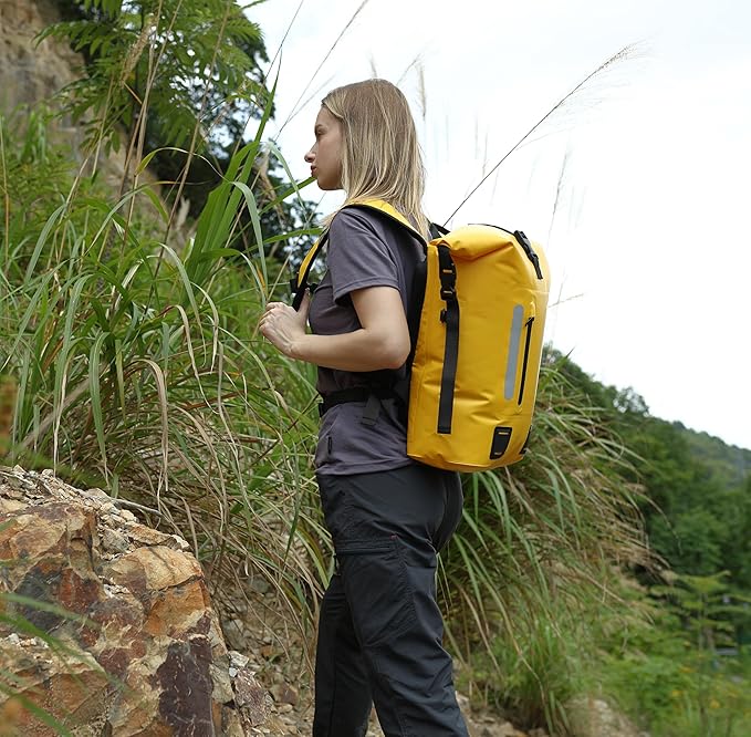 MARCHWAY Roll Top Waterproof Backpack, Floating Dry Bag 20L/30L/45L with Ergonomic Rectangular Base, Cushioned Back, Hip Strap for Hiking Camping Kayaking Travel (Yellow, 45L)